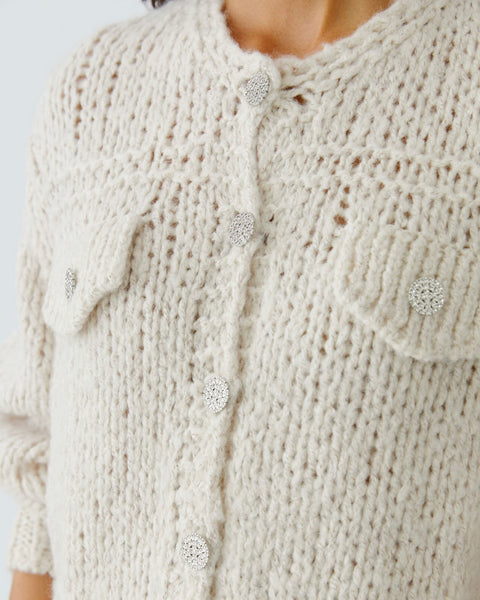 383525 OUI veste grosses mailles beige boutons cristaux