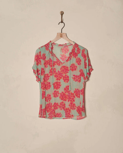 289615 NILE blouse avec fleurs fushia sur fond turquoise