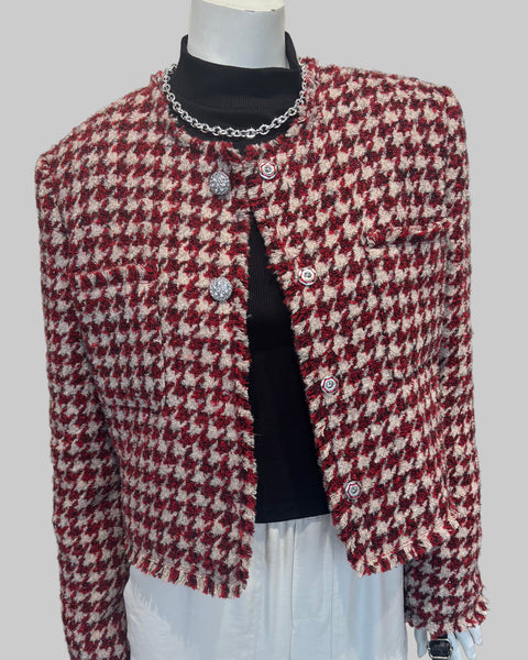 389525 Liujo veston tweed pied de poule rouge