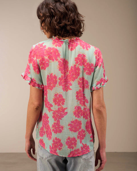 289615 NILE blouse avec fleurs fushia sur fond turquoise