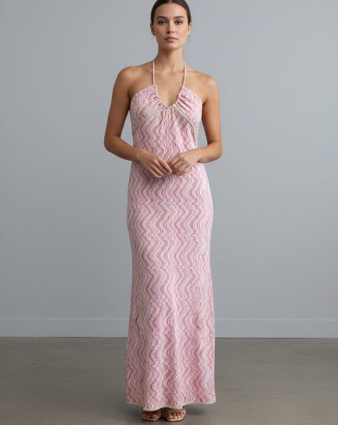 366416 Pho Firenze robe longue licou à chevron rose
