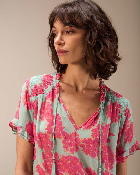 289615 NILE blouse avec fleurs fushia sur fond turquoise