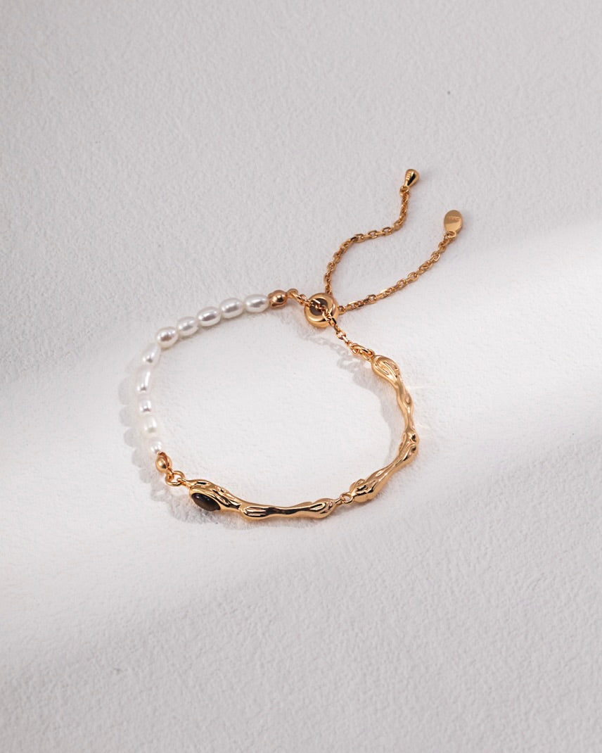 342525 L’ACTUEL bracelet argent 925 plaqué d'or rose, perles d'eau douce, oeils de tigre