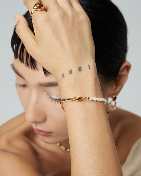 342525 L’ACTUEL bracelet argent 925 plaqué d'or rose, perles d'eau douce, oeils de tigre