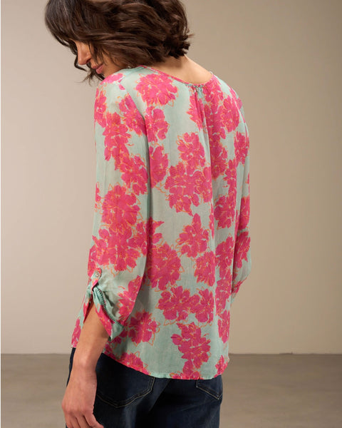289515 NILE blouse avec fleurs fushia sur fond turquoise