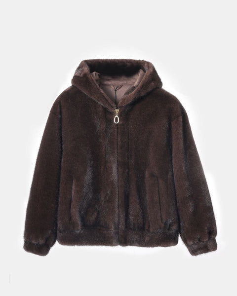 396125 L’Actuel veste fourrure synthétique brune et noire avec capuchon