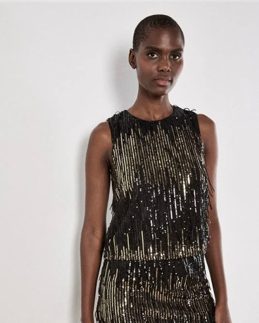 386725 Apricot top paillette et frange