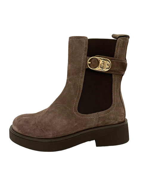 385925 PIXY Botte courte à talon plat en suède taupe