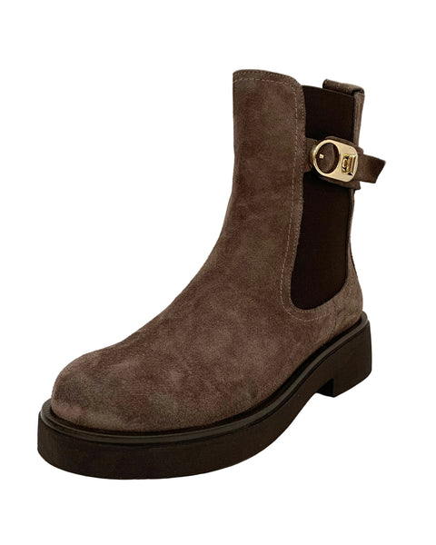 385925 PIXY Botte courte à talon plat en suède taupe