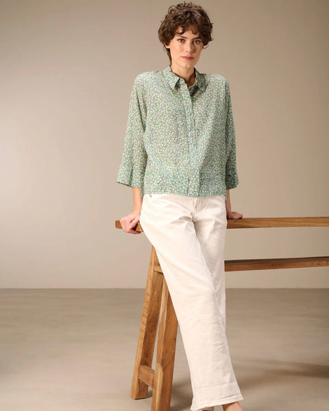 348516 Blouse motifs vert et bleu