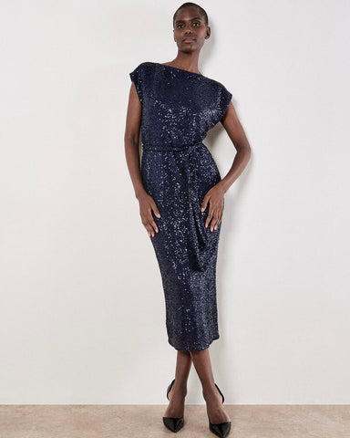 367025 APRICOT Robe midi à chevron et paillettes marine