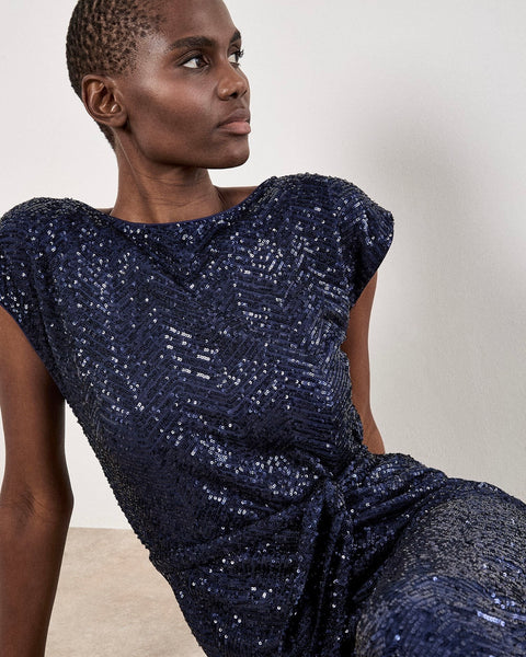 367025 APRICOT Robe midi à chevron et paillettes marine