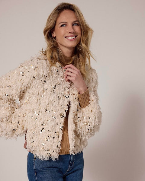 381025 Tramontana cardigan plumes et paillettes champagne