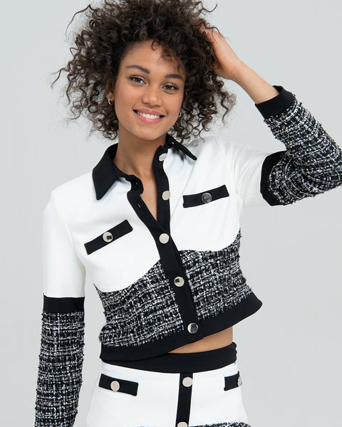 421922 Fracomina jacket court blanc et noir tweed